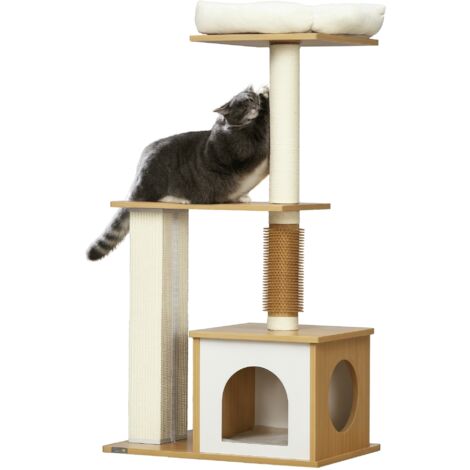 PawHut Kratzbaum, 114 cm hoch, Katzenbaum, mehrstöckiger Katzenkratzbaum mit Katzenhöhle, Katzenbett, Katzenmöbel mit Kitzelsäule, Kletterbaum für Katzen bis 5 kg, Eiche