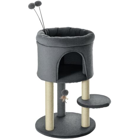 PawHut Kratzbaum 73,5H cm Katzenbaum mit Katzenhöhle und Spielball Kletterbaum Sisalsäule Katzenspielzeug Plüsch Grau+Cremeweiß