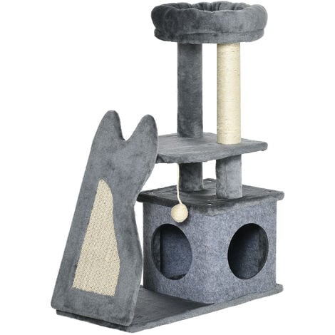 PawHut Kratzbaum 83 cm Katzenbaum mit Kratzbrett und Katzenhöhle Kletterbaum mit Sisal-Kratzbrett Spielball und Rampe Plüsch Grau+Cremeweiß