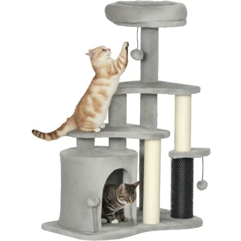 PawHut Kratzbaum 87 cm Katzenbaum mit Katzenhöhle, Bett, Spielbälle, Katzenkratzbaum mit Sisal-Kratzsäulen, für Katzen bis 5 kg, Hellgrau