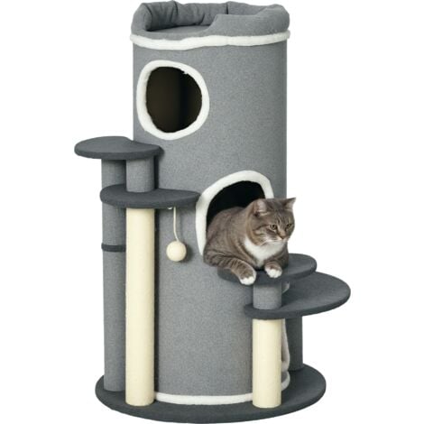 PawHut Kratzbaum 99 cm Katzenturm mit 3 Höhle, Spielball, Sisalstämme, Plattform, mehrstöckiger Katzenkratzbaum, Kletterbaum, für mittelgroße Katzen, Grau