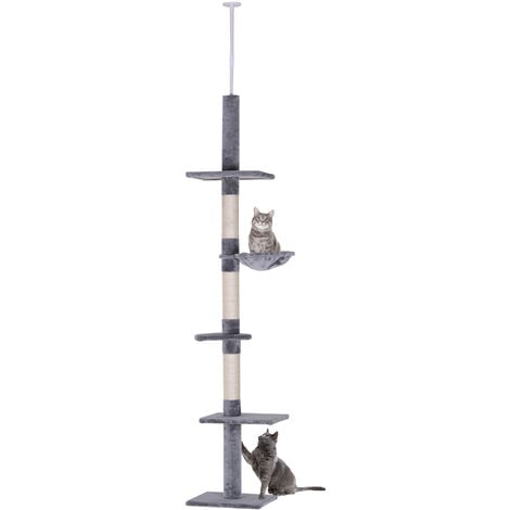 PawHut Kratzbaum Deckenhoch höhenverstellbar, stabiler Katzenbaum mit Sisalsäulen, Katzen Kletterbaum, Grau, 40 x 34 x 230-260 cm