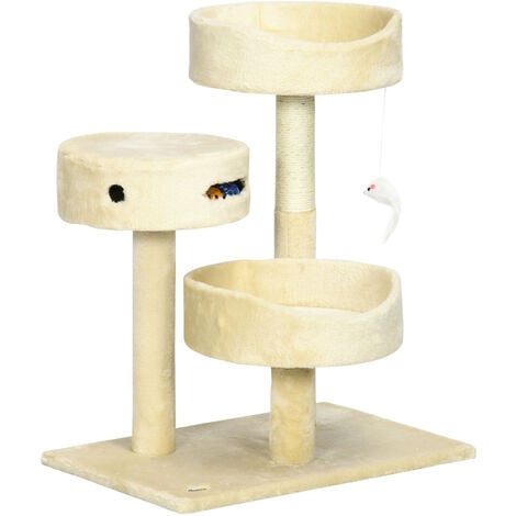 PawHut Kratzbaum für Katzen, 2 Katzenbetten, Katzenspielzeug und Kratzsäulen, 60 cm x 40 cm x 70 cm, Beige - Beige