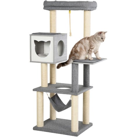 PawHut Kratzbaum groß 155 cm Katzenbaum mit Hängematte Kletterbaum für Katzen Mehrstufiges Katzenkratzbaum mit Katzenkiste, Weichkissen Katzenmöbel Sisal Grau&Weiß