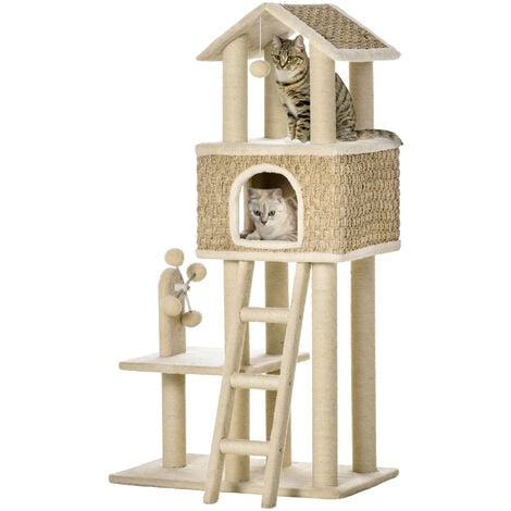 PawHut Kratzbaum Katzenbaum 130H cm Kletterbaum mit Katzenhöhle Spielbälle Jutestämmen großer Plattform Spanplatte Plüsch Khaki+Beige