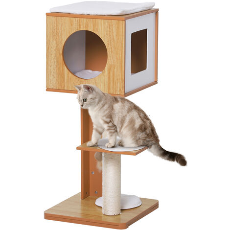 PawHut Kratzbaum Katzenbaum Katzenmöbel mit Höhle & Sisalpfosten 4 Kissen MDF 50 x 40 x 91 cm - Natur + Weiß