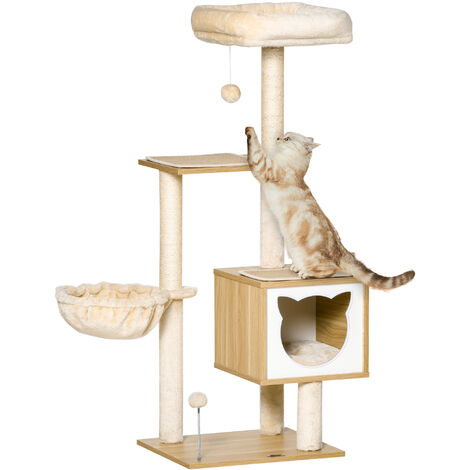 PawHut Kratzbaum Katzenbaum mit Katzenhöhle Plattform Höhe 126 cm Kletterbaum aus Holz Katzenkratzbaum Spanplatte Sisal Kurzplüsch Beige 48 x 40 x 126 cm - Beige