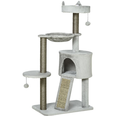 PawHut Kratzbaum Katzenbaum mit Katzenhöhle Sisalsäule Katzenkratzbaum Spielbaum mit Rampe Katzenspielzeug Hellgrau 113 cm