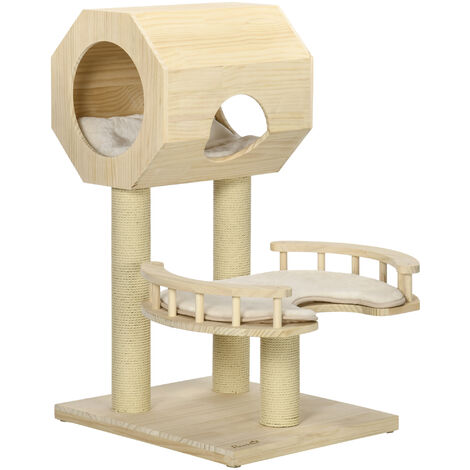PawHut Kratzbaum, Katzenhaus, mit Liege, waschbare Liegepolster, drei Kratzstämme, Kiefernholz, 59,5 x 59,5 x 92cm - Naturholz