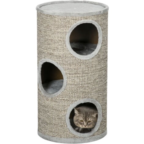 PawHut Kratztonne 70 cm Hoch Ø 38 cm dreistöckige Katzentonne mit Plüschrand, Katzenhöhle, Kratzbaum für kleine Katzen, Grau