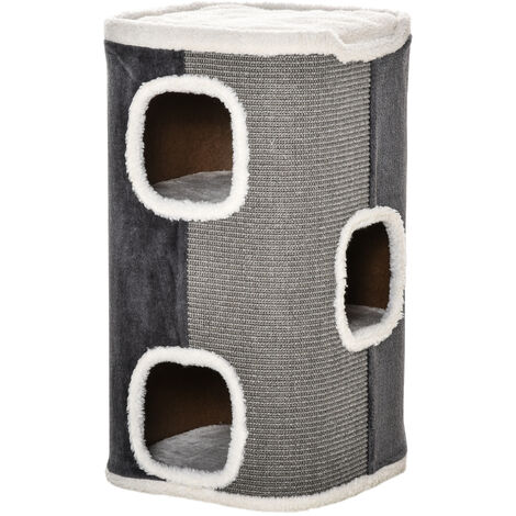 PawHut Kratztonne für Katzen Katzenkratzbaum 3 Ebenen Katzenbaum Kletterbaum für Katzen Katzenmöbel Spanplatte samtartiges Polyester Sisal Grau+Weiß 40 x 40 x 74 cm