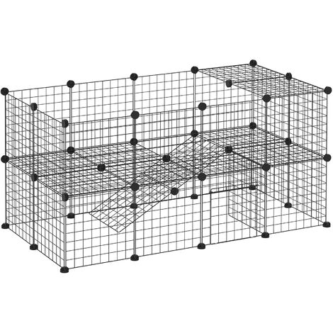 PawHut Laufgitter DIY Welpenlaufstall Freigehege Gittergehege für Kaninchen aus Metallgitter Absperrgitter Kleine Haustiere Laufstall für Innen 36 Platten Schwarz 146 x 73 x 73 cm - Schwarz