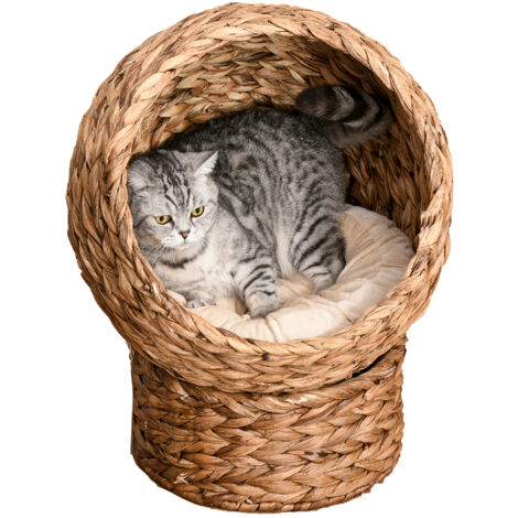 PawHut Letto per Gatti in Vimini con Cuscino in Cotone Marrone e Bianco 42 x 33 x 52 cm