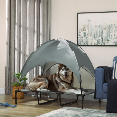 PawHut Lit chien sureleve avec parasol. lit de camp chien chat sur pieds tissu Oxford respirant. anti-UV cadre en métal sac de transport inclus couchage extérieur pour chat 122 x 92 x 108 cm gris noir
