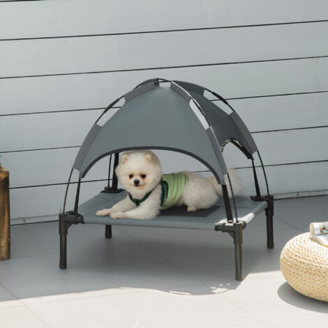 PawHut Lit chien sureleve avec parasol, lit de camp chien chat sur pieds tissu Oxford respirant, anti-UV cadre en métal sac de transport inclus couchage extérieur pour chat 161 x 46 x 61 cm gris noir