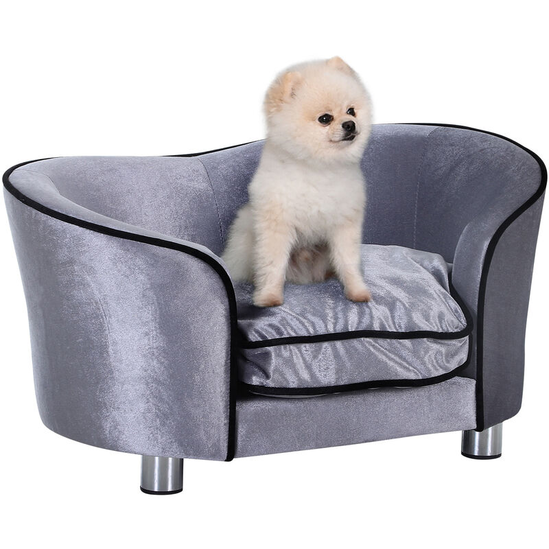 PawHut Hundesofa Luxus Haustiersofa mit Kissen Katzensofa erhöhtes HundebettHundecouch Tierbett Plüsch Tannenholz Hellgrau 69 x 49 x 38 cm