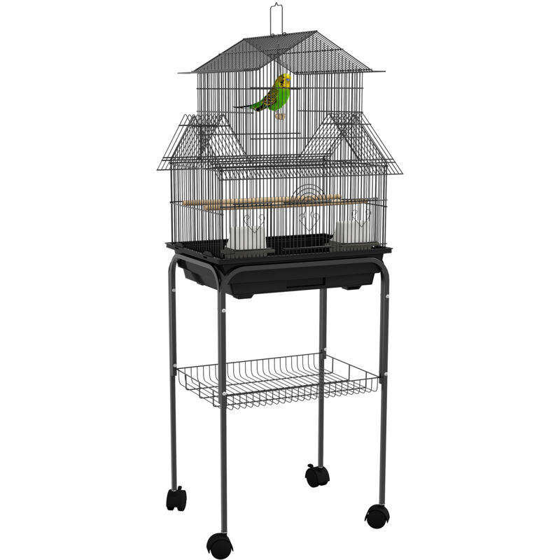Metal Bird Cage Small w/ Perch Food Container Handle for Finch Canary With Stand - Pawhut