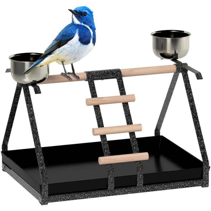 PawHut Portable Bird Stand Resting Stainless Steel Base Wood Perch Ladder Bowls