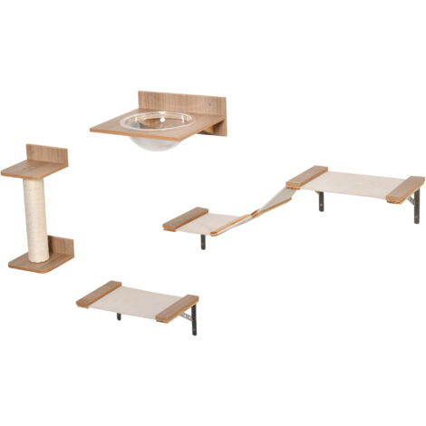 PawHut Mur d'escalade pour chats 4 pièces avec griffoir, hamac, plateforme et échelle, meuble mural pour grimper et dormir jusqu'à 5 kg, marron clair