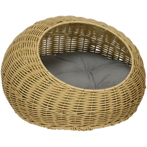 Pawhut – Niche pour chat en résine tressée imitation rotin – Coussin doux déhoussable Ø50 x 31H cm – Panier design pour intérieur – Accès facile