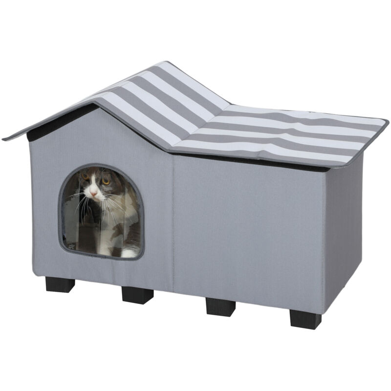 PawHut Outdoor Cat House, Feral Cat Cave with Elevated Base, Grey