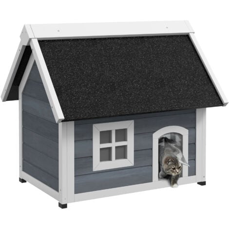 PawHut Outdoor Feral Cat House with Openable Asphalt Roof - Grey