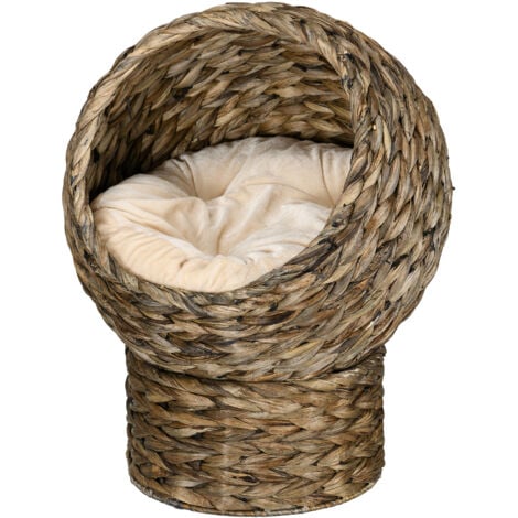 PawHut Panier chat lit chat cosy grand confort dim. 42L x 33l x 52H cm coloris gris coussin moelleux beige inclus