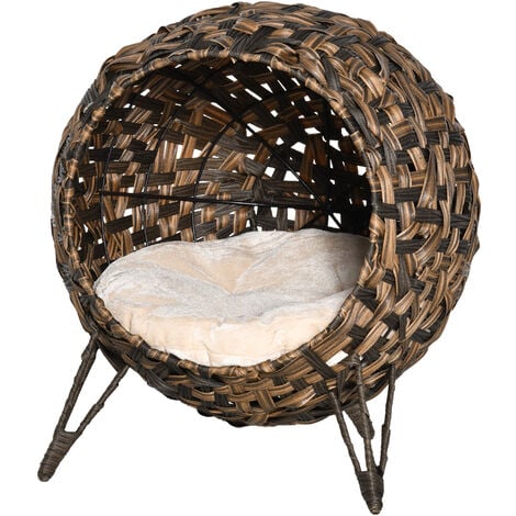 PawHut Panier chat lit chat cosy grand confort dim. Ø 52 x 58H cm coussin moelleux inclus résine tressée imitation rotin chocolat