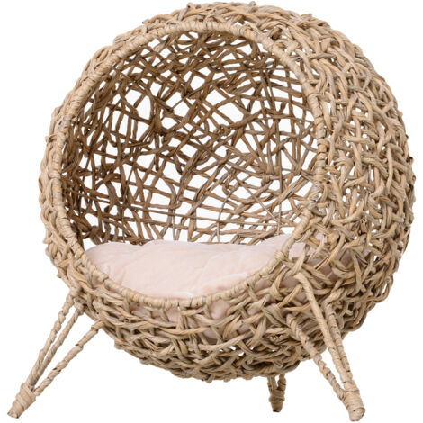 PawHut Panier chat surélevé lit cosy niche grotte grand confort Ø 52 x 58H cm coussin moelleux inclus résine tressée imitation rotin beige