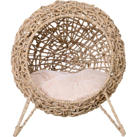 Pawhut – Panier pour chat cosy en résine tressée imitation rotin – Coussin en coton inclus – Ø 52 x 58H cm – Charge max. 10 kg