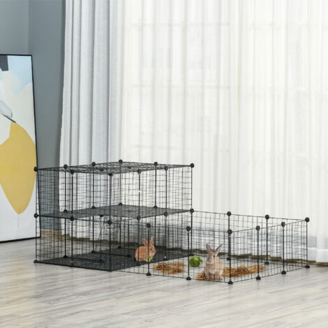 PawHut Parc enclos modulable DIY. 2 niveaux. enclos pour petits animaux. hamsters. lapins. cochon d'inde. panneaux grillagés. 45 panneaux. 175 x 105 x 70 cm. noir