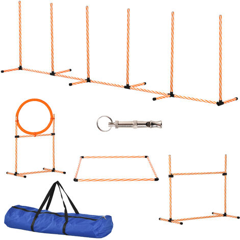 PawHut Pet Agility Training Equipment Dog Play Run Jump Hurdle Bar Obedience Training Set with Adjustable Height Jump Ring High Jumper Weave Poles Square Pause Box Carry Bag Whistle