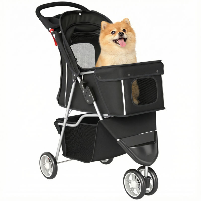 PawHut Pet Stroller Pushchair Carrier for Cat Puppy with 3 Wheels Black