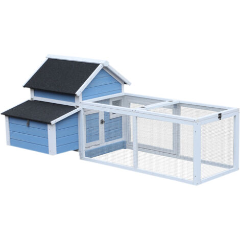 PawHut Pollaio per Galline con Corsa Vassoio di Nidificazione Rimovibile in Legno, Bianco e Blu,180x90.1x78.6cm