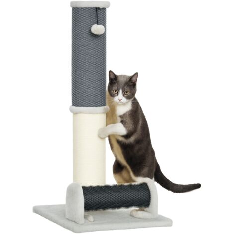 PawHut poste rascador para gatos 85 cm arañador para gatos con poste de sisal cepillo de auto acicalado y bola de juguete gris y crema