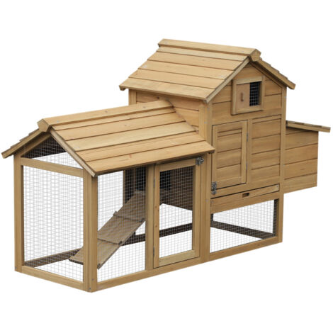 PawHut poulailler en bois avec enclos extérieur et nichoir, maison pour poules naines avec rampe, 150,5 x 54 x 87 cm
