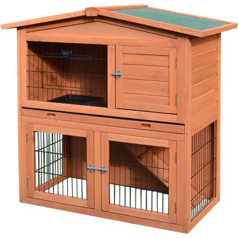 PawHut Rabbit Hutch, 2-Tier Bunny Cage with No-Leak Tray & Ramp, Outdoor