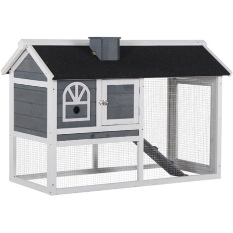 PawHut Rabbit Hutch and Run Guinea Pig Hutch Wooden Bunny Cage for Outdoor Indoor with Pull Out Tray Run Asphalt Roof Grey 120 x 60 x 79 cm