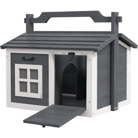 PawHut Rabbit Hutch, Cat House Wooden with 2 Rooms & Openable Roof - Grey
