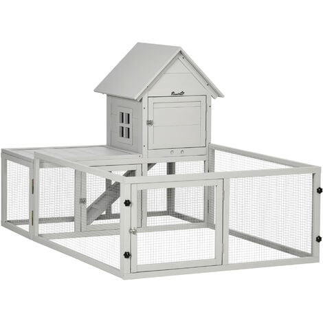 PawHut Rabbit Hutch, Guinea Pig Cage with Run & Tray, Indoor Use, Light Grey