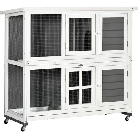 PawHut Rabbit Hutch, Guinea Pig Cage with Wheels & Slide-out Trays, Grey