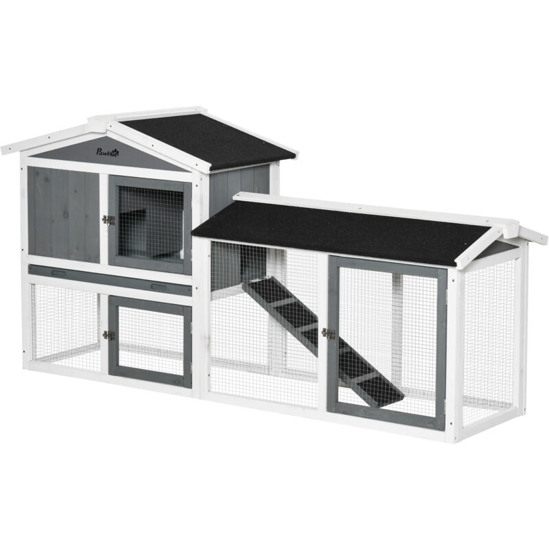 Pawhut - Rabbit Hutch, 2-Tier Wooden Animal House w/ Run Box, Ramp, White