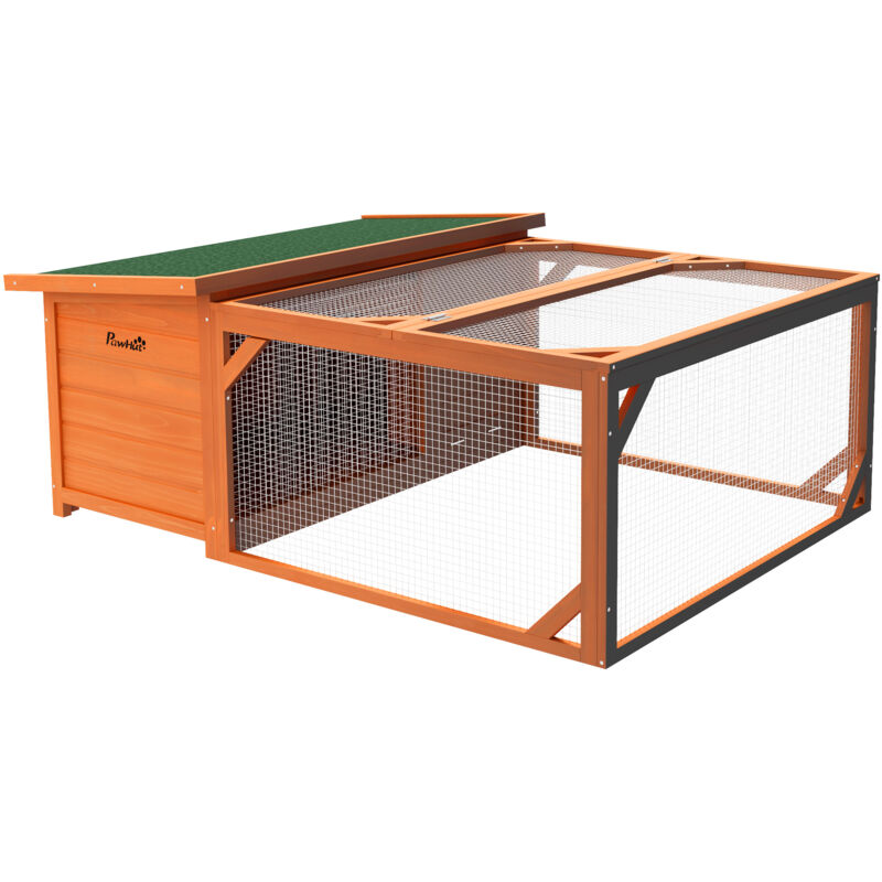 Pawhut - Rabbit Hutch, Guinea Pig Hutch Outdoor with Run & Open Roof, Orange