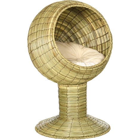 PawHut Raised Cat House, Natural Mat Grass Cat Bed w/ Stand Cushion, Φ41x 69 cm