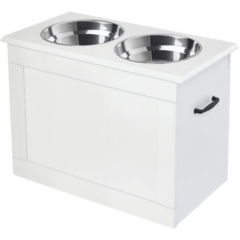 PawHut Raised Pet Bowls w/ Storage, Two Stainless Bowls, Elevated Base White