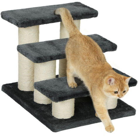 PawHut Rampe d'Accès pour Chiens et Chats 3 Niveaux 34 cm Haute - Aide à la Montée pour Lit, Canapé, Fauteuil avec Poteau à Griffes Gris Foncé