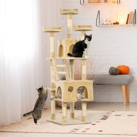 PawHut Rascador Árbol para Gatos Grande 60x50x181 cm con Poste de Arañar Múltiples Plataformas Escaleras Cuevas Juguetes Centro de Actividades Beige