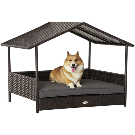 PawHut Rattan Dog House, Elevated Wicker Bed Lounge Removable Cushion and Canopy Grey