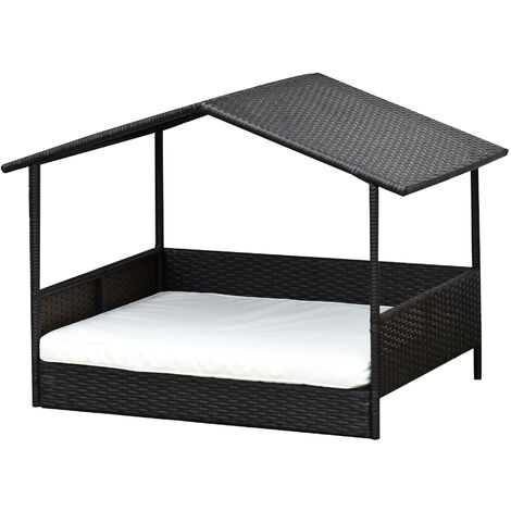 PawHut Rattan Hundeliege Outdoor mit Dach, Erhöhtes Hundebett für kleine und mittelgroße Hunde, Kühlendes Haustierliege mit Metallrahmen, Kissen für Draußen, 69 x 98 x 70 cm, Kaffee-Braun