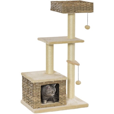 PawHut Rattan Katzenbaum Kratzbaum Kätzchen Möbel mit Katzenhöhle Ballspielzeug Sisal weiche Plüsch PE Höhe 108 cm Braun+Beige